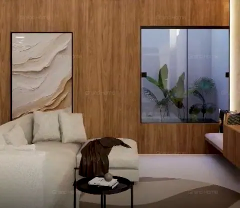 Projeto da sala de estar com painel de madeira