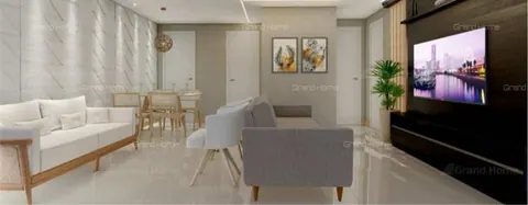 Perspectiva de sala de estar e jantar decorada