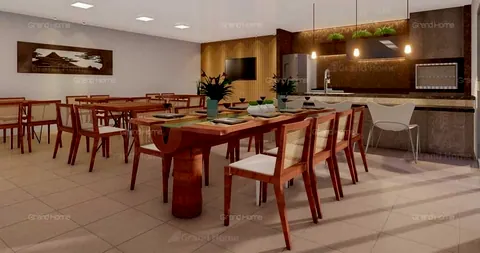 Perspectiva do espaço gourmet com mesas de madeira