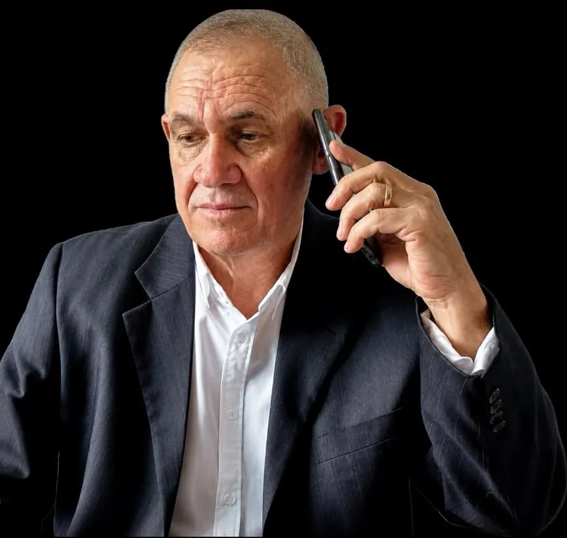 Antonio Carlos Tuão, de terno escuro e camisa branca, falando ao celular, num fundo preto